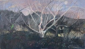 Night Orchard, Egerton, Kent, oil on board, this piece is now included in our online auction - link on our home page