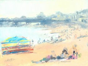 Beach Camps, Hastings, oil on board, this piece is now included in our online auction - link on our home page