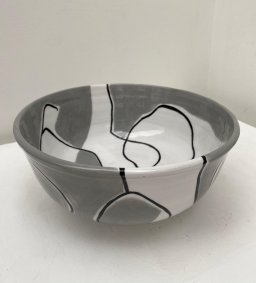 Earthenware bowl, hand painted with white, grey and black slips, transparent glaze inside & out H:12.5cm, D25:5 cm - £140