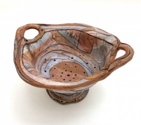 "Orange and Blue", stoneware colander with porcelain slips and oxides - £170