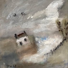 White Cottage On The Headland, mixed media on board, 42x42cm inc. frame - £430