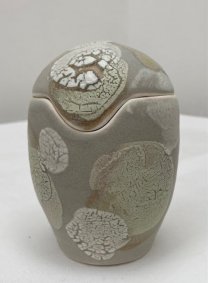 Medium lidded pot – lichen effect glaze - £100