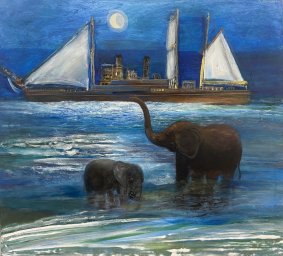 Elephant and Baby in Front of Kiplings Boat or Saluting Kiplings Boat, acrylic, 25x27", unframed - £2,500