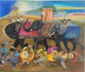 Elephants Wedding Procession, acrylic, 30x36', unframed - £3,000