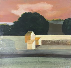 3 Houses, Pink Sky, oil on board - £590