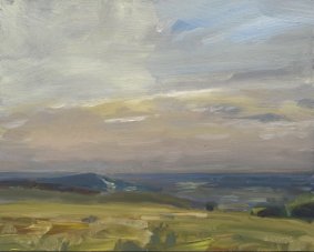 Lowering Sun at Ditchling Beacon, oil on board - £420