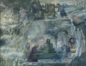 Journeys from the floating world 3.Transporting the Buddha through Snow, 2022, gouache / tempera - £12,000
