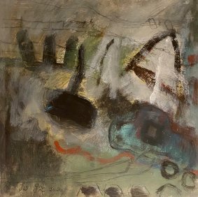 In The Boat Yard, mixed media on paper, 38.5x39cm inc. frame - £330