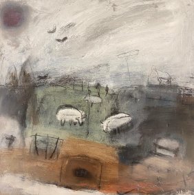 Three Sheep In A Field, mixed media on board, 42.5x42.5cm inc. frame - £490